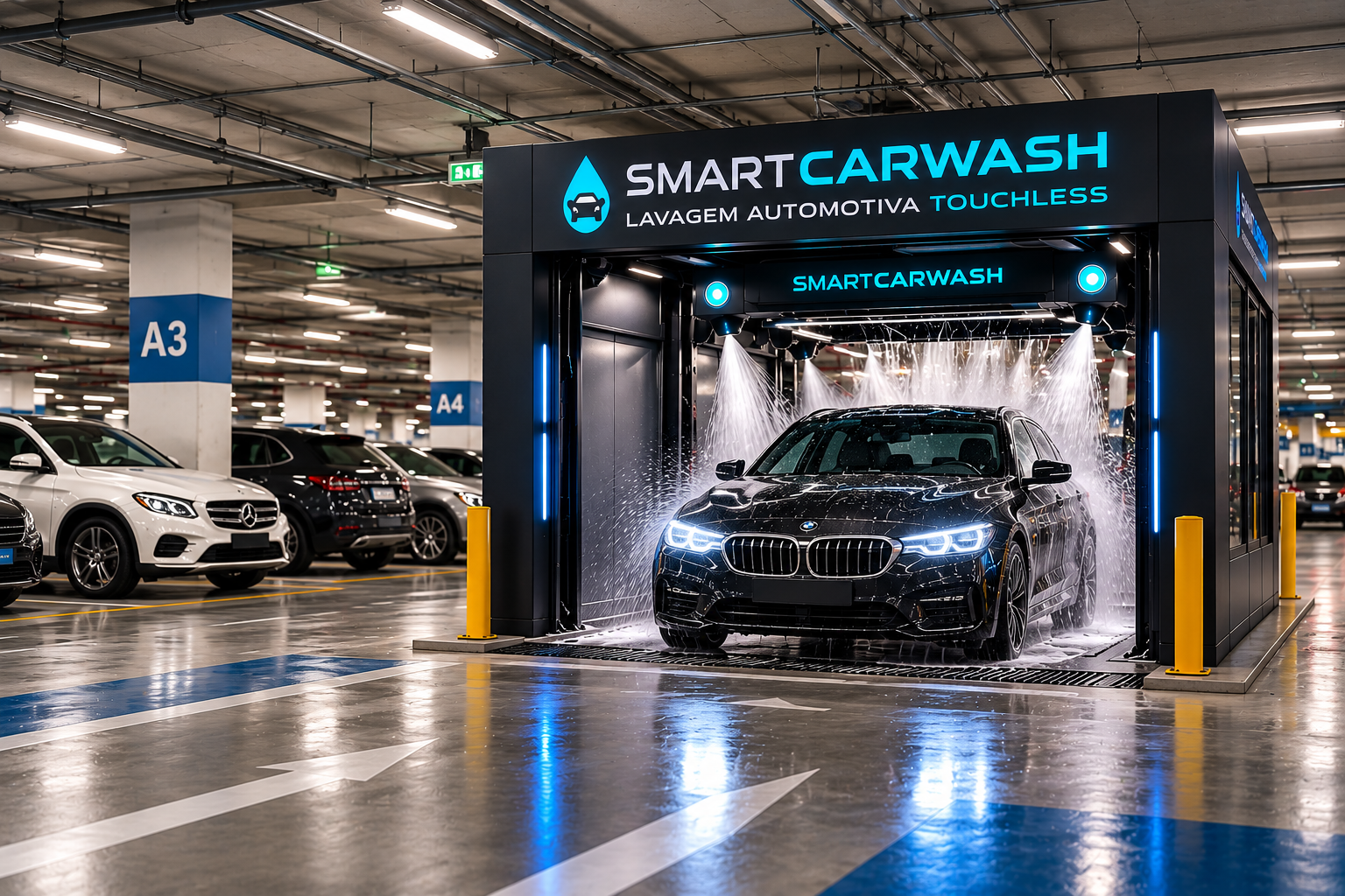 Unidade Smart Carwash em estacionamento com sistema de lavagem automotiva touchless
