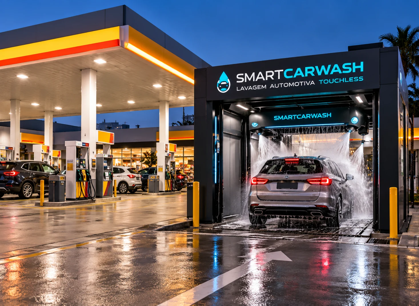 Unidade Smart Carwash integrada a posto de combustíveis com sistema de lavagem automotiva touchless
